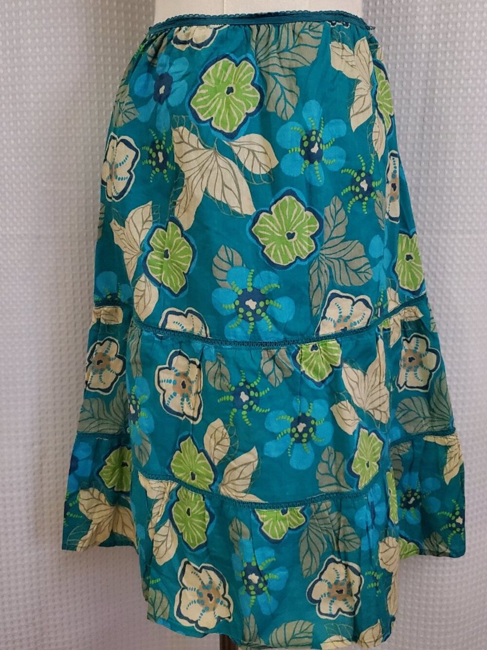 Vtg 90s St. John's Bay Floral Tiered Maxi Skirt Womens Medium Teal Boho Lined